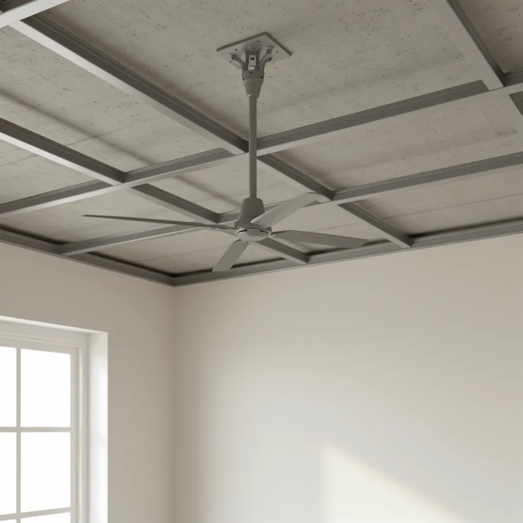 Ceiling fan mounted through gypsum false ceiling connected to concrete slab