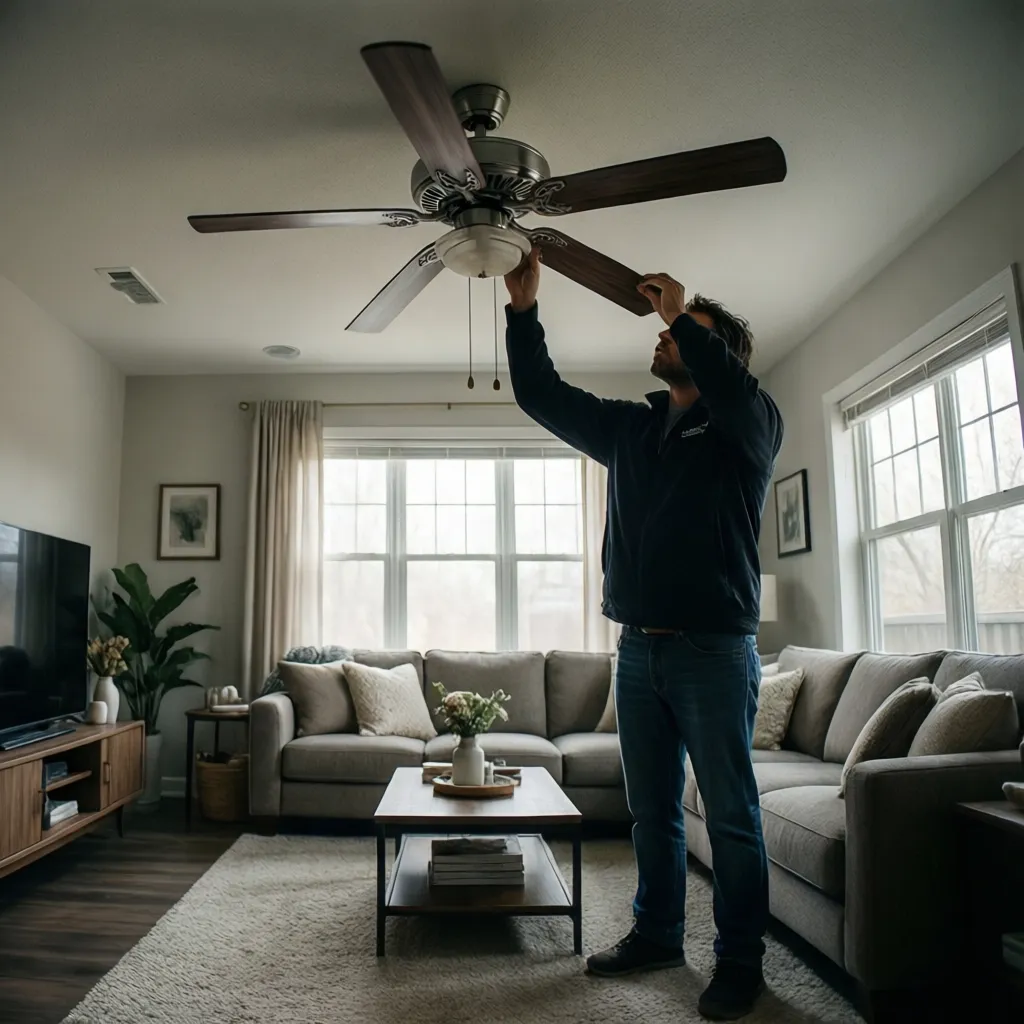 Person inspecting ceiling fan for noise problems
