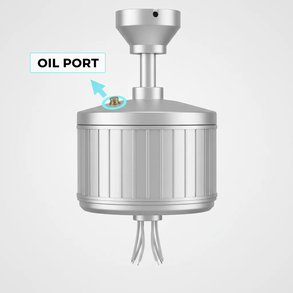 Illustration showing typical ceiling fan oil port location on top of motor housing
