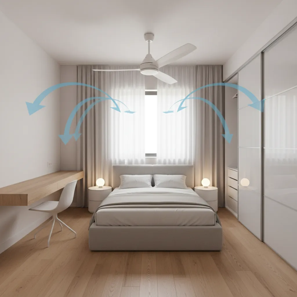 diagram style bedroom layout showing ceiling fan airflow and spacing