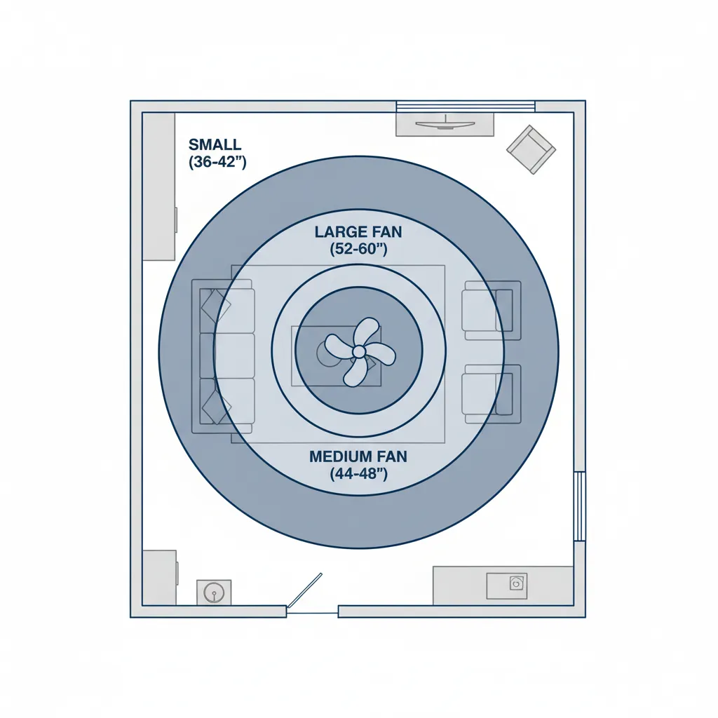living room ceiling fan placement and size guide diagram