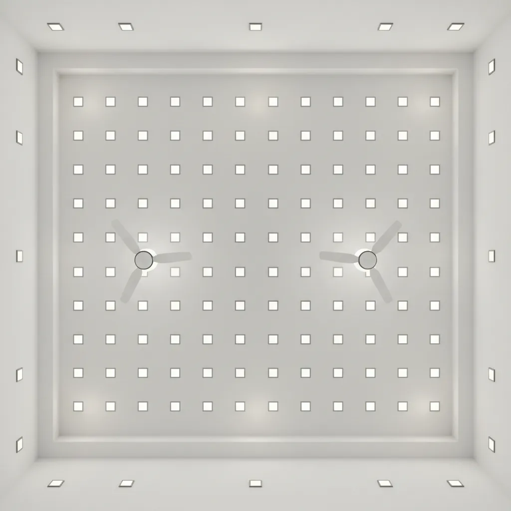Interior design spacing diagram showing distance between two ceiling fans