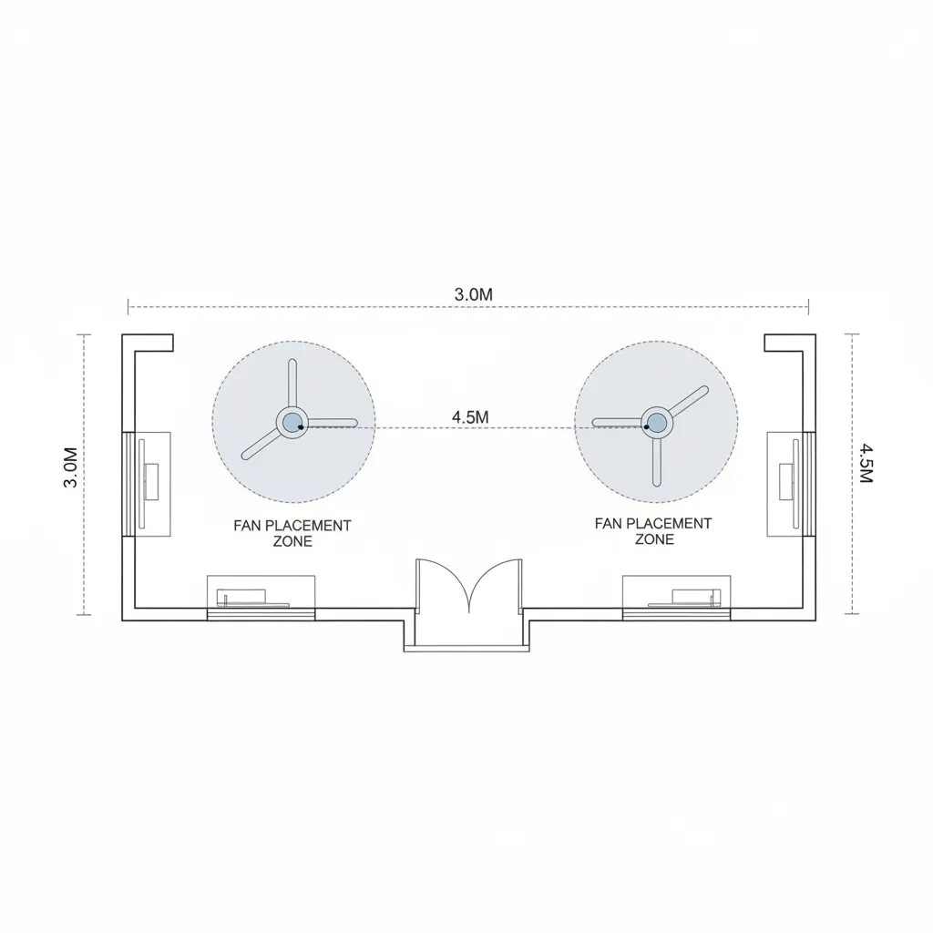 diagram showing recommended spacing between two ceiling fans