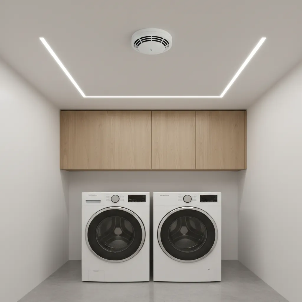 ceiling mounted heat detector above laundry appliances
