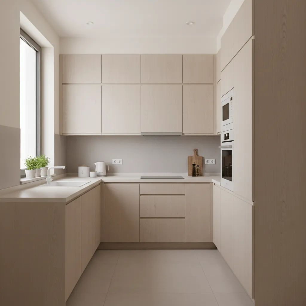 Small kitchen with ceiling height cabinets maximizing vertical storage