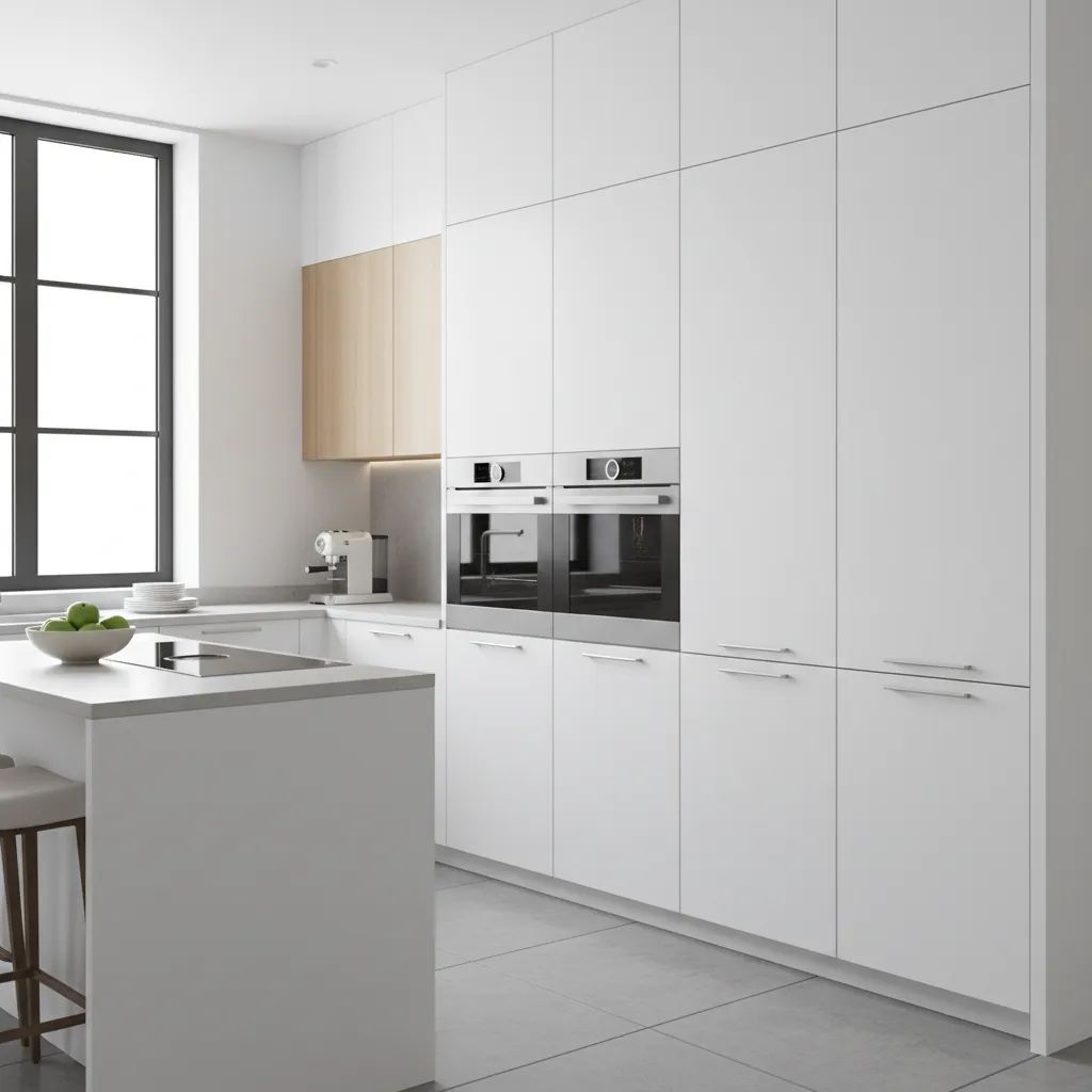 Small kitchen with ceiling height cabinets maximizing vertical storage