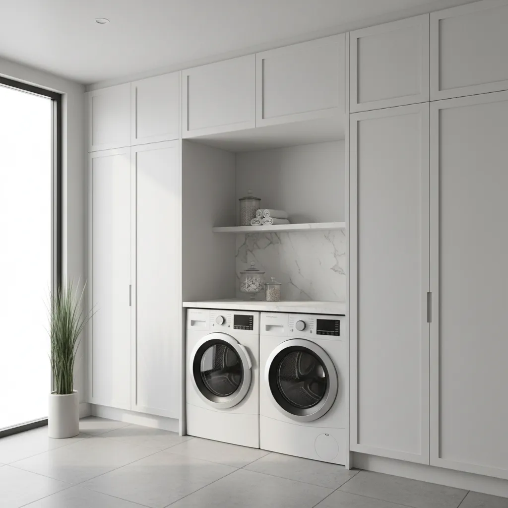 Minimalist laundry room with white tall cabinets, two washing machines, marble wall, shelf, and plant