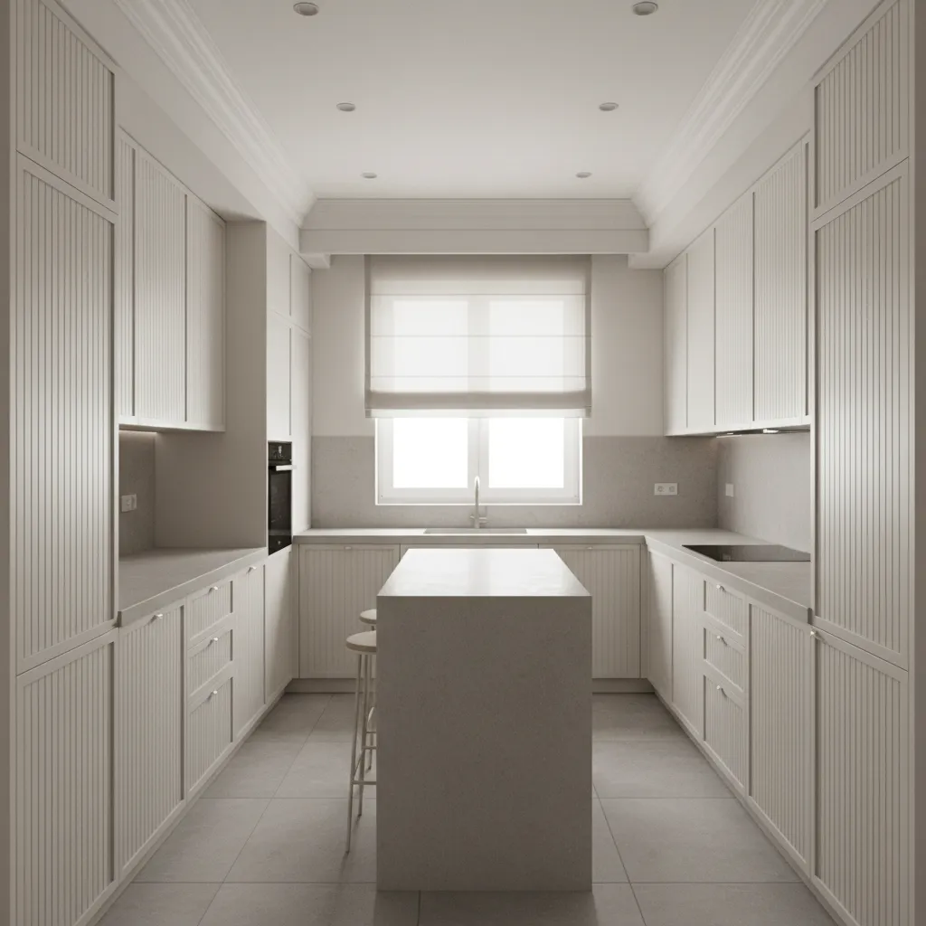 Small kitchen with ceiling height off white cabinets
