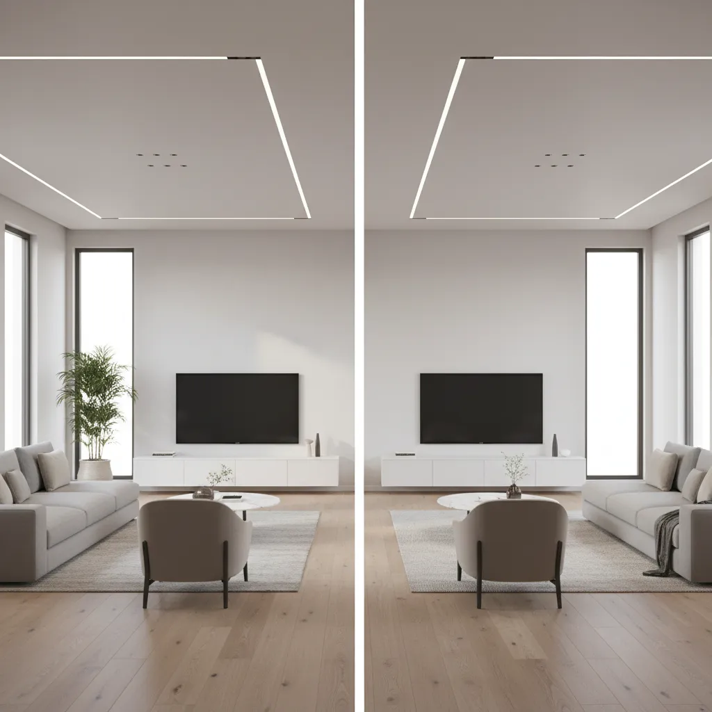 Side by side comparison of low ceiling room and standard ceiling room perception