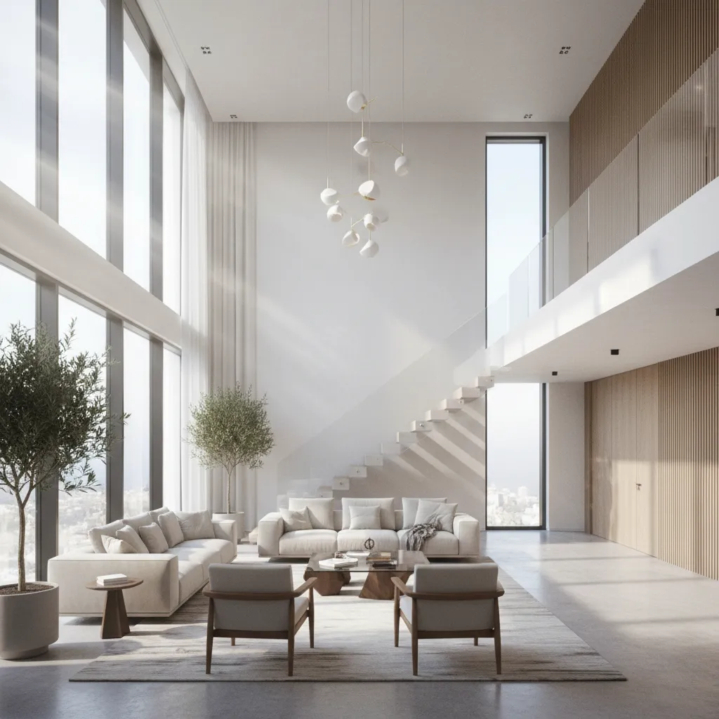 home interior showing tall ceilings and large windows increasing cooling load