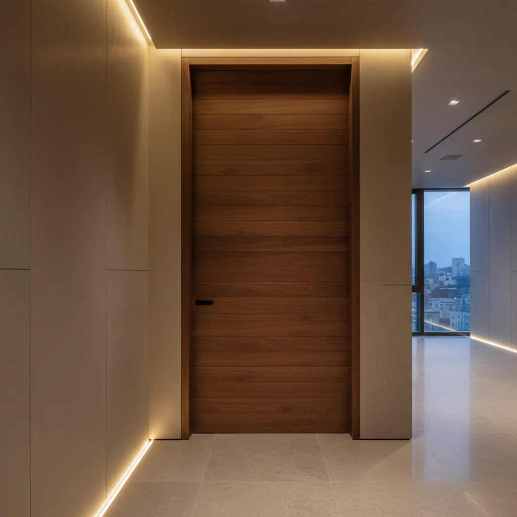 Puerta de madera hasta el techo en interior contemporáneo