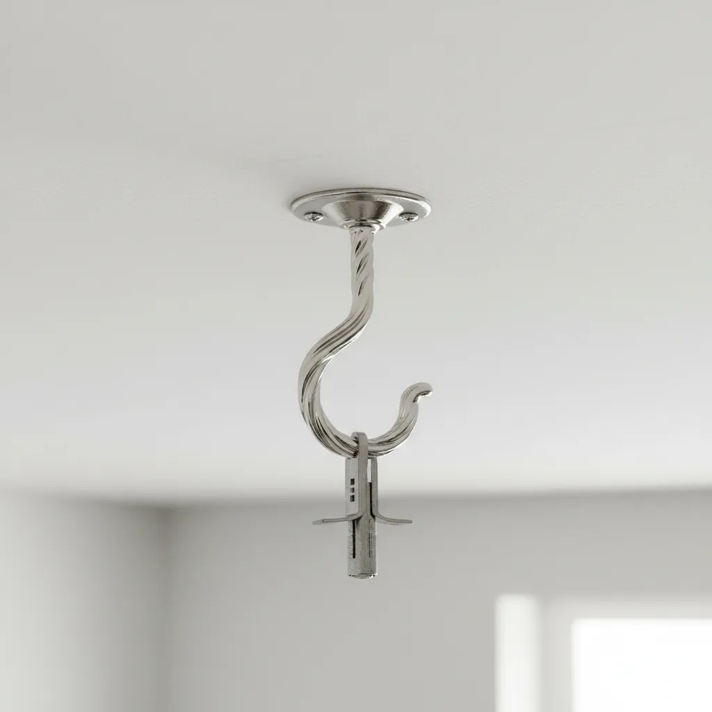 Close view of ceiling hook anchor installed for swag chandelier support