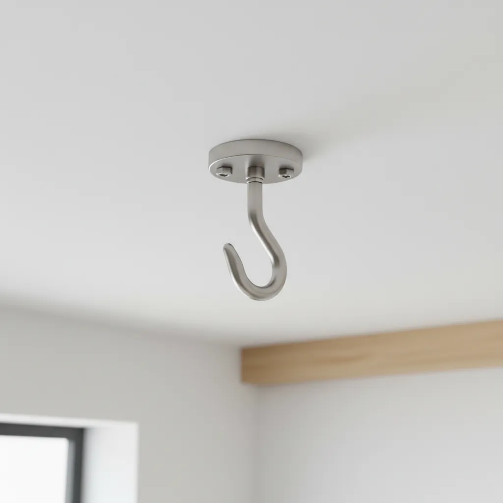 Close-up of ceiling hook securely mounted for a plug-in ceiling light