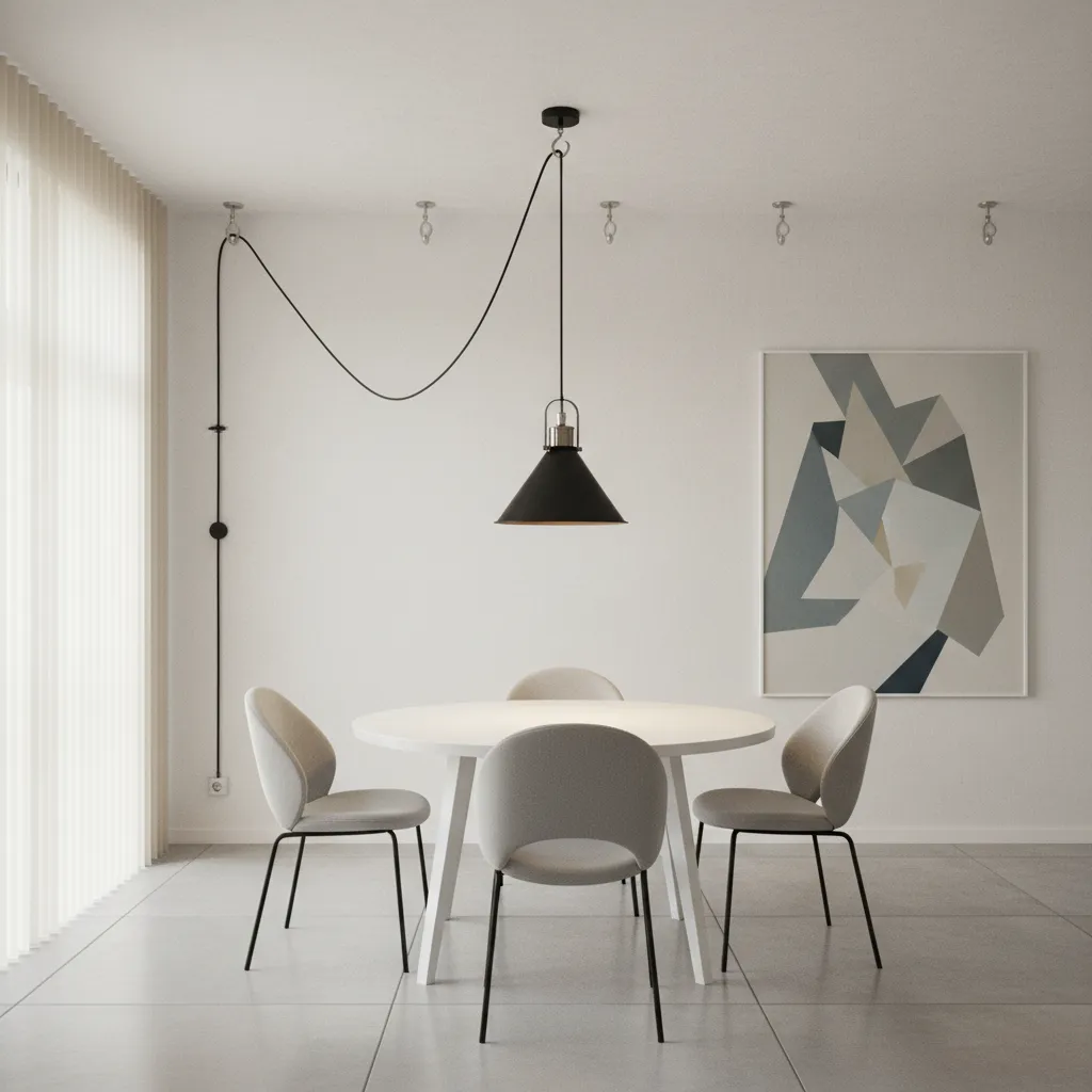 diagram style interior showing ceiling hook guiding swag lamp cord to center of dining table