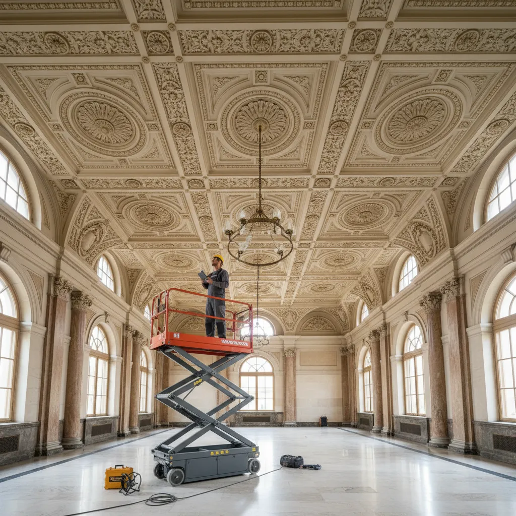 Technician inspecting decorative ceiling structure in large hall