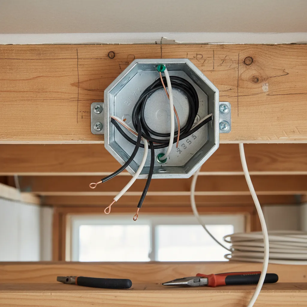 Electrical junction box in ceiling used for safe lighting fixture installation