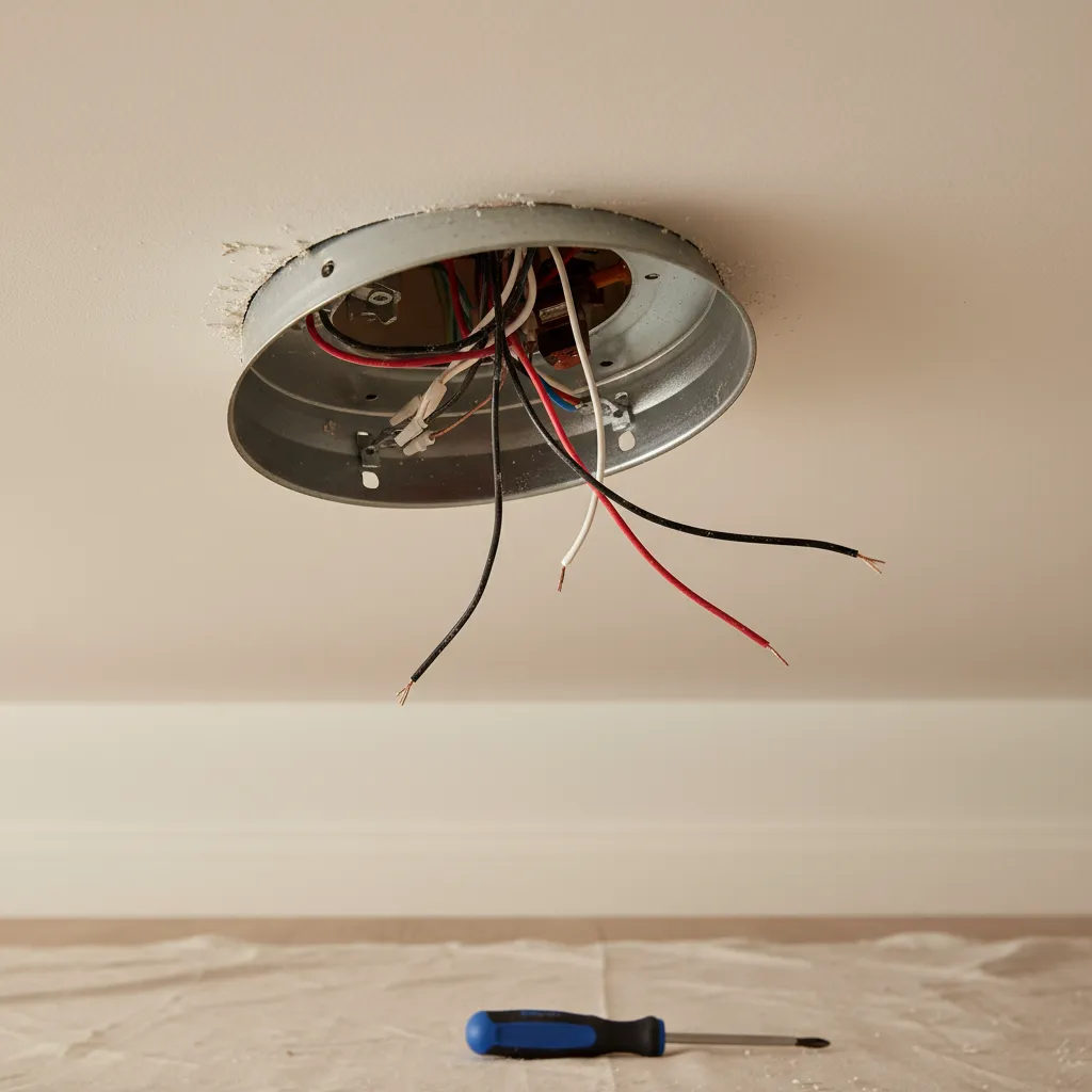 Ceiling light base lowered showing electrical wiring connections