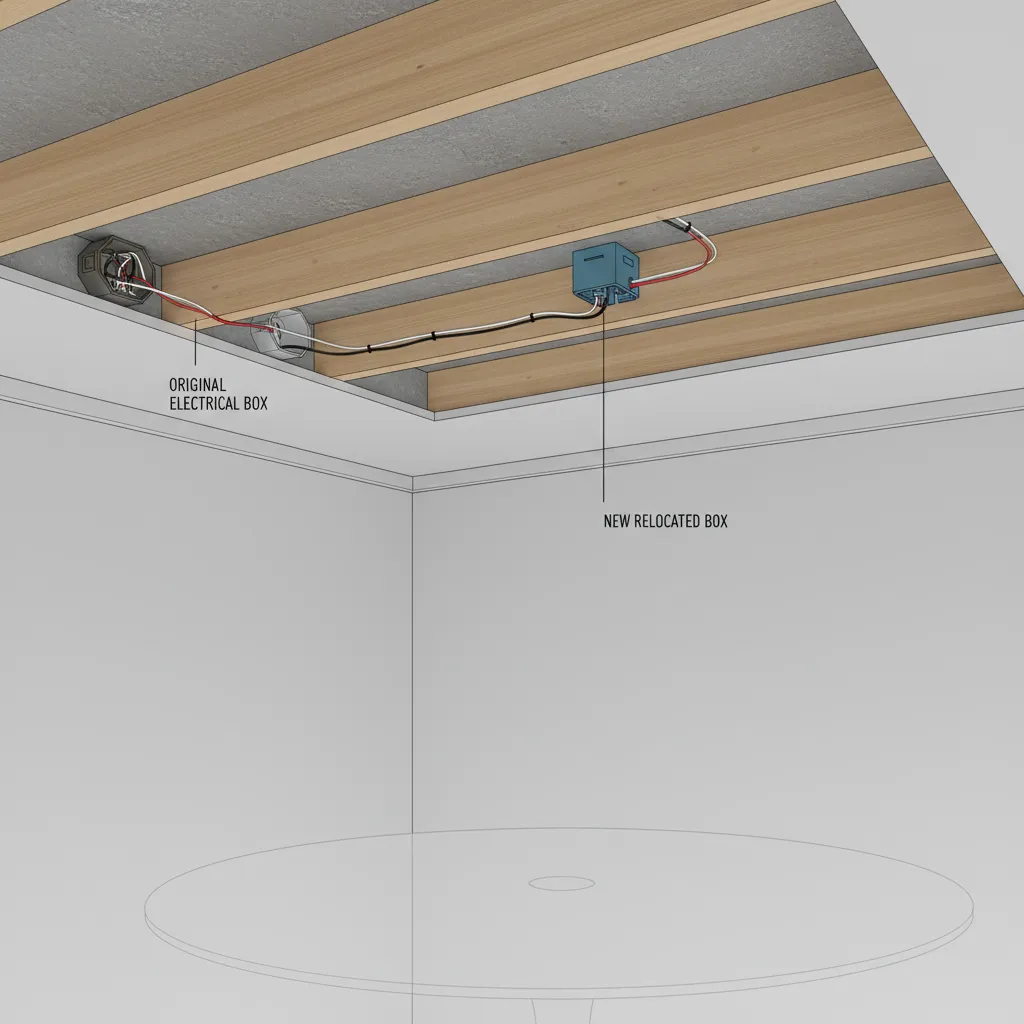 Diagram showing original ceiling light box and new relocated position above dining table