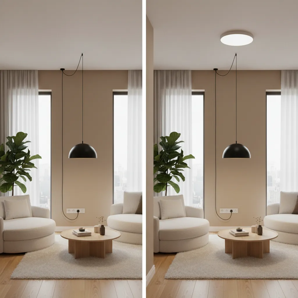 comparison setup showing plug-in ceiling pendant and hardwired ceiling light in two rooms