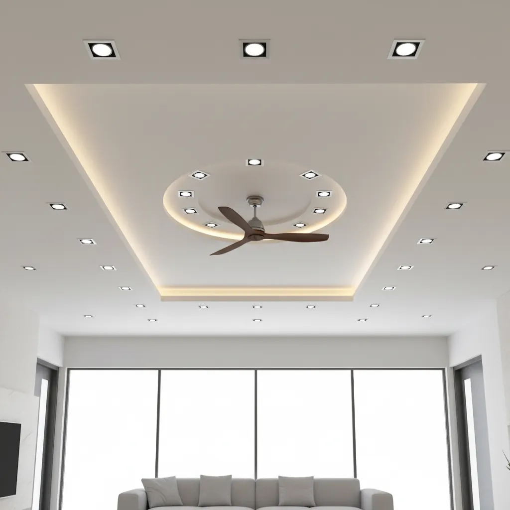 living room ceiling lighting layout positioned around ceiling fan