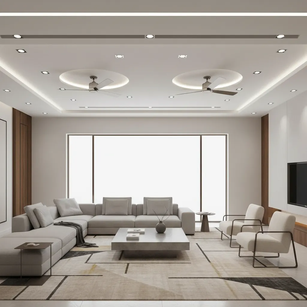 Living room ceiling plan showing lighting placement around two ceiling fans