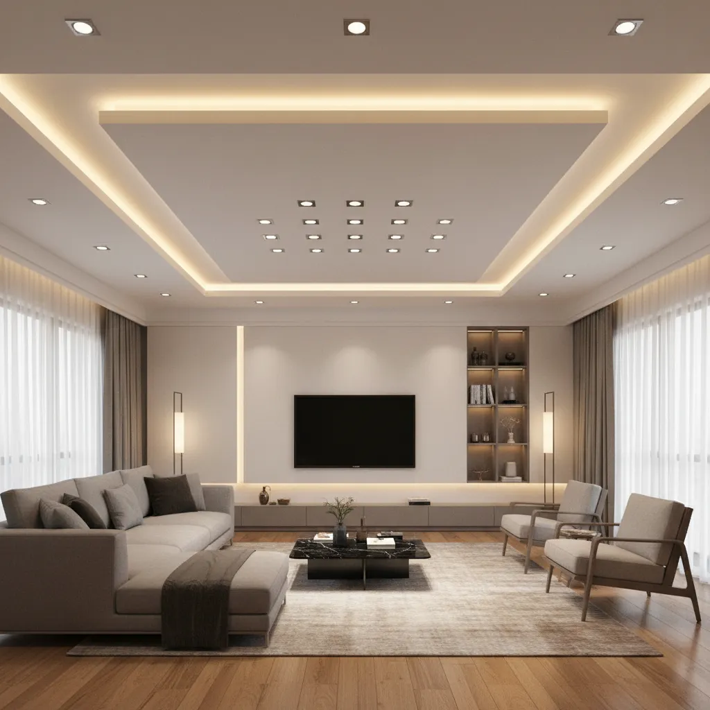 Ceiling lighting layout with recessed lights and LED coves in living room