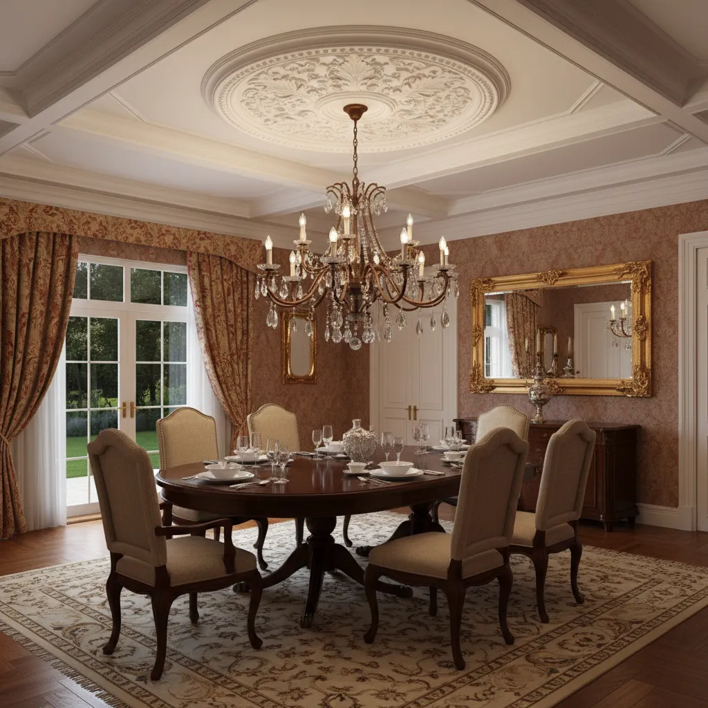 Decorative ceiling medallion installed around dining chandelier