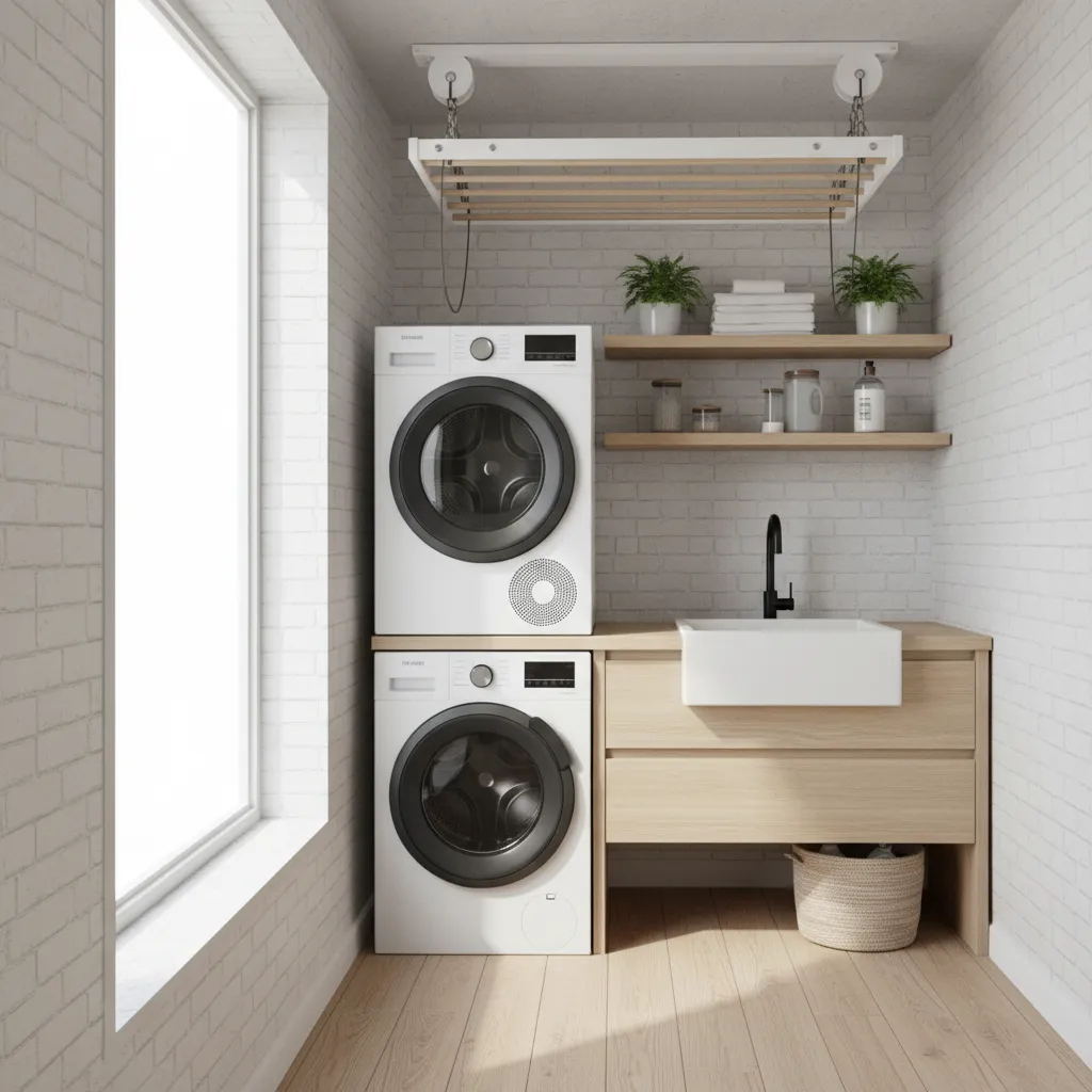 Ceiling mounted pulley clothesline above washer and dryer in small laundry room