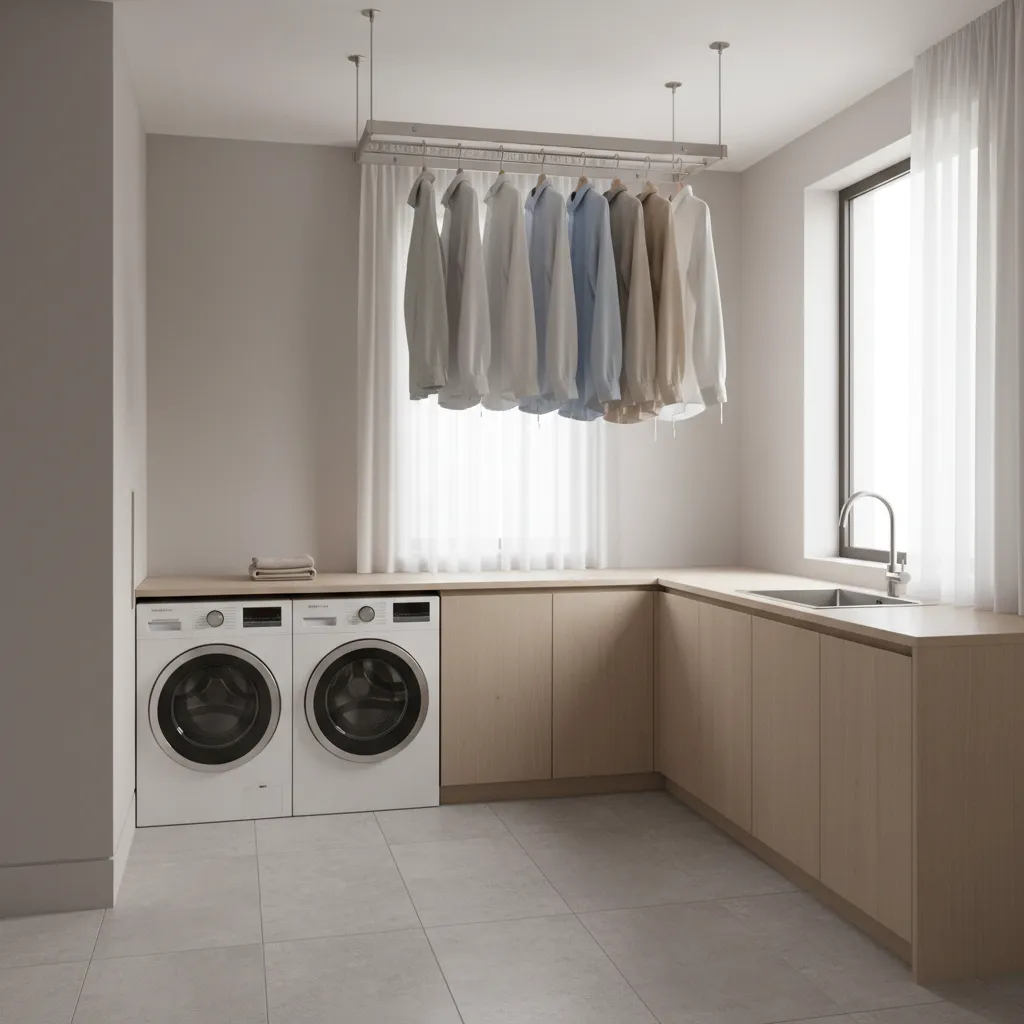 ceiling mounted laundry drying rod suspended with clothes hanging