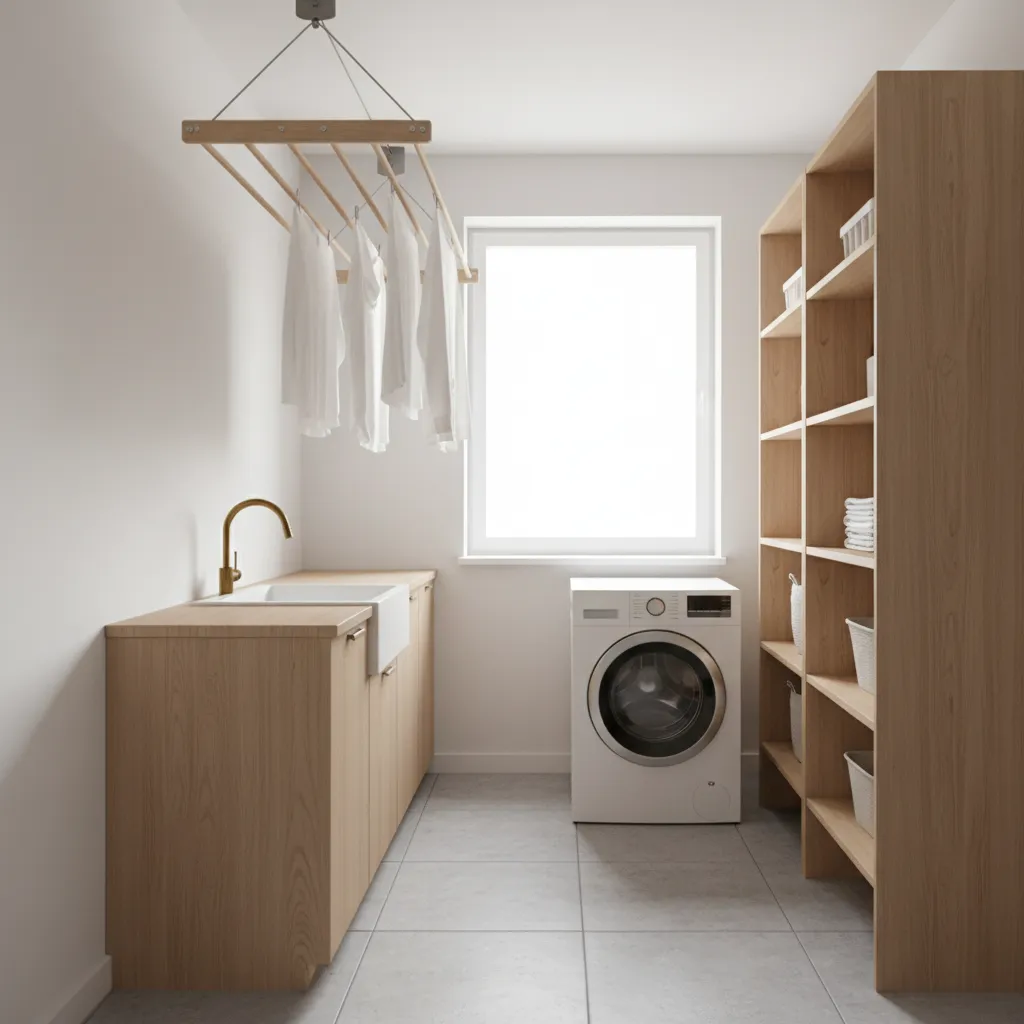 Ceiling mounted clothesline system in narrow laundry room