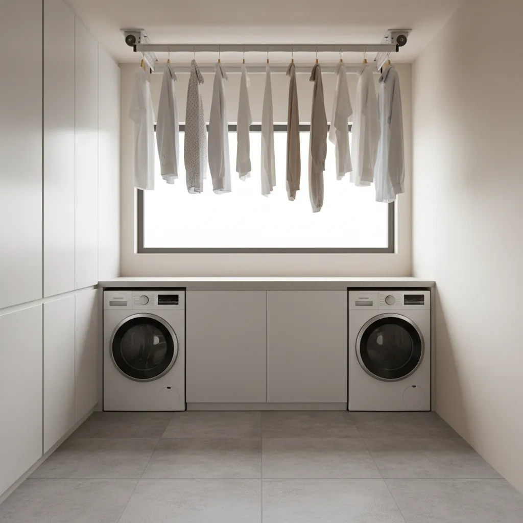 ceiling mounted pulley clothesline system in a compact laundry room