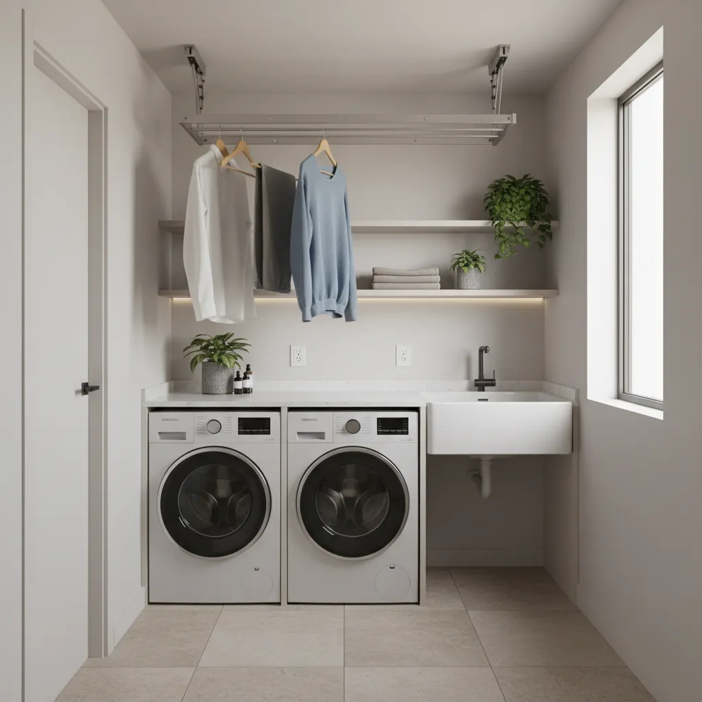 Ceiling mounted pulley drying rack system in a small laundry room