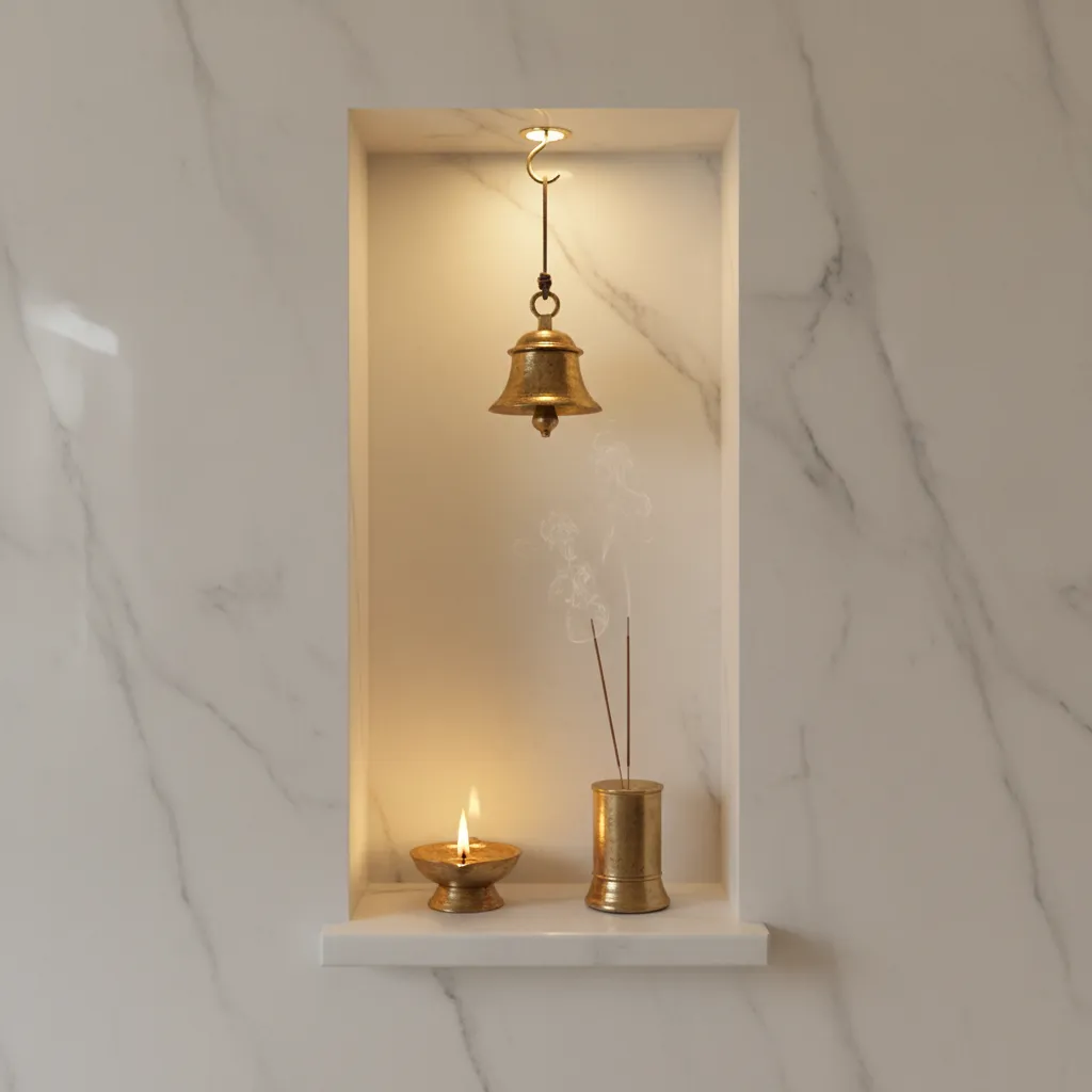 ceiling mounted brass bell in narrow pooja niche