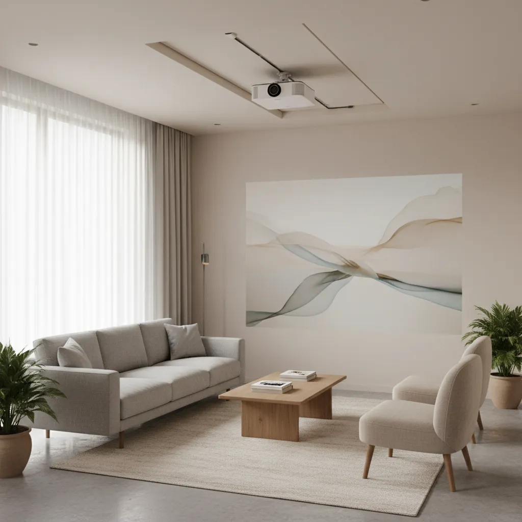 ceiling mounted projector above sofa in small living room layout