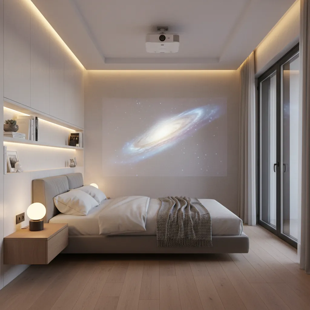 ceiling mounted projector in compact bedroom setup