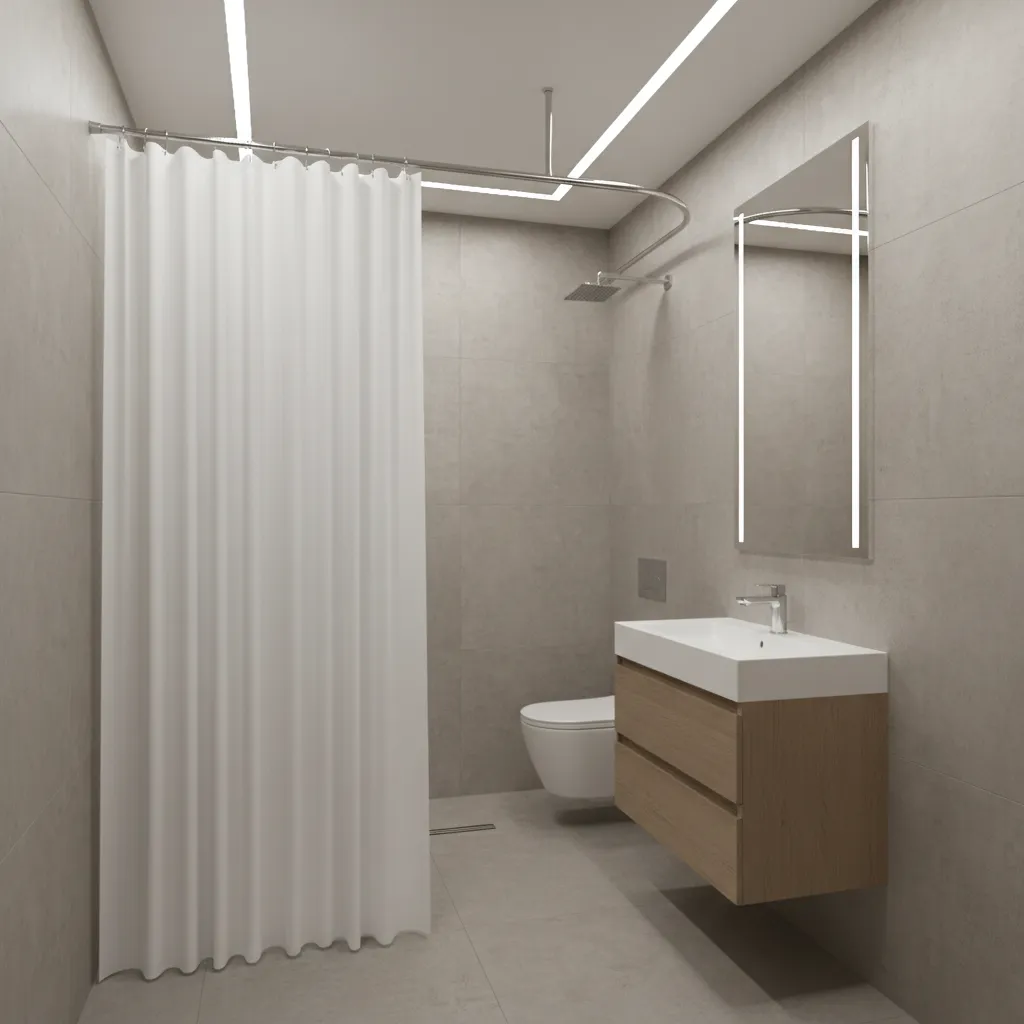 small bathroom with ceiling mounted curtain rod making room appear taller