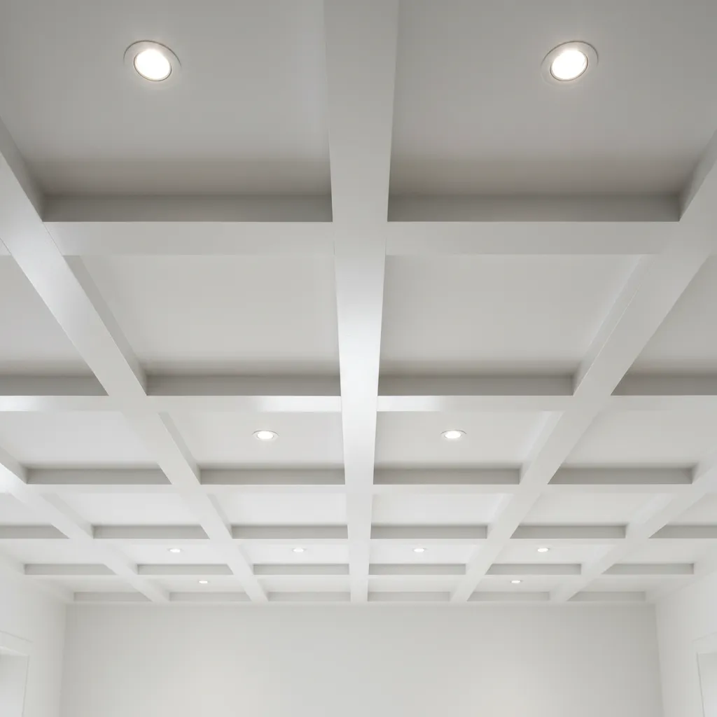 Close view of coffered ceiling beams and panels showing sheen differences