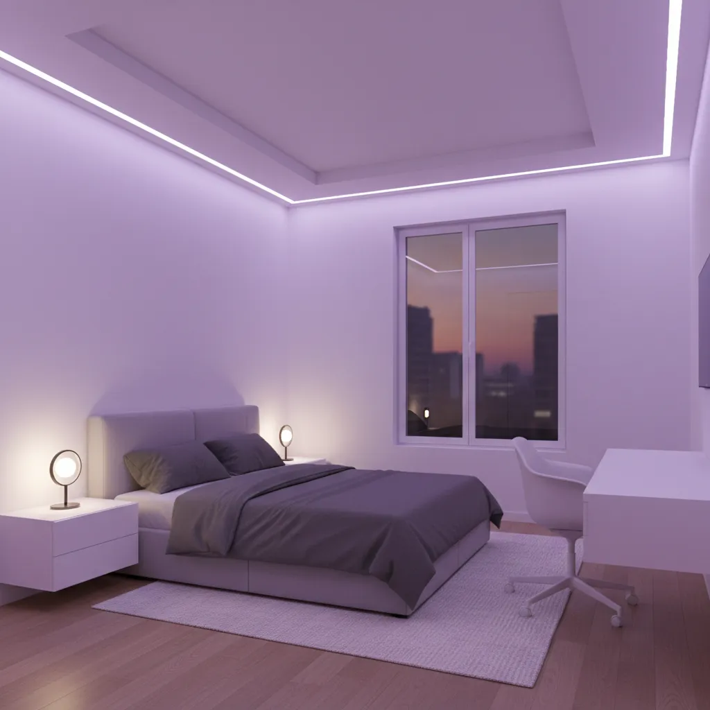 Small room with LED strip lighting installed along the ceiling perimeter