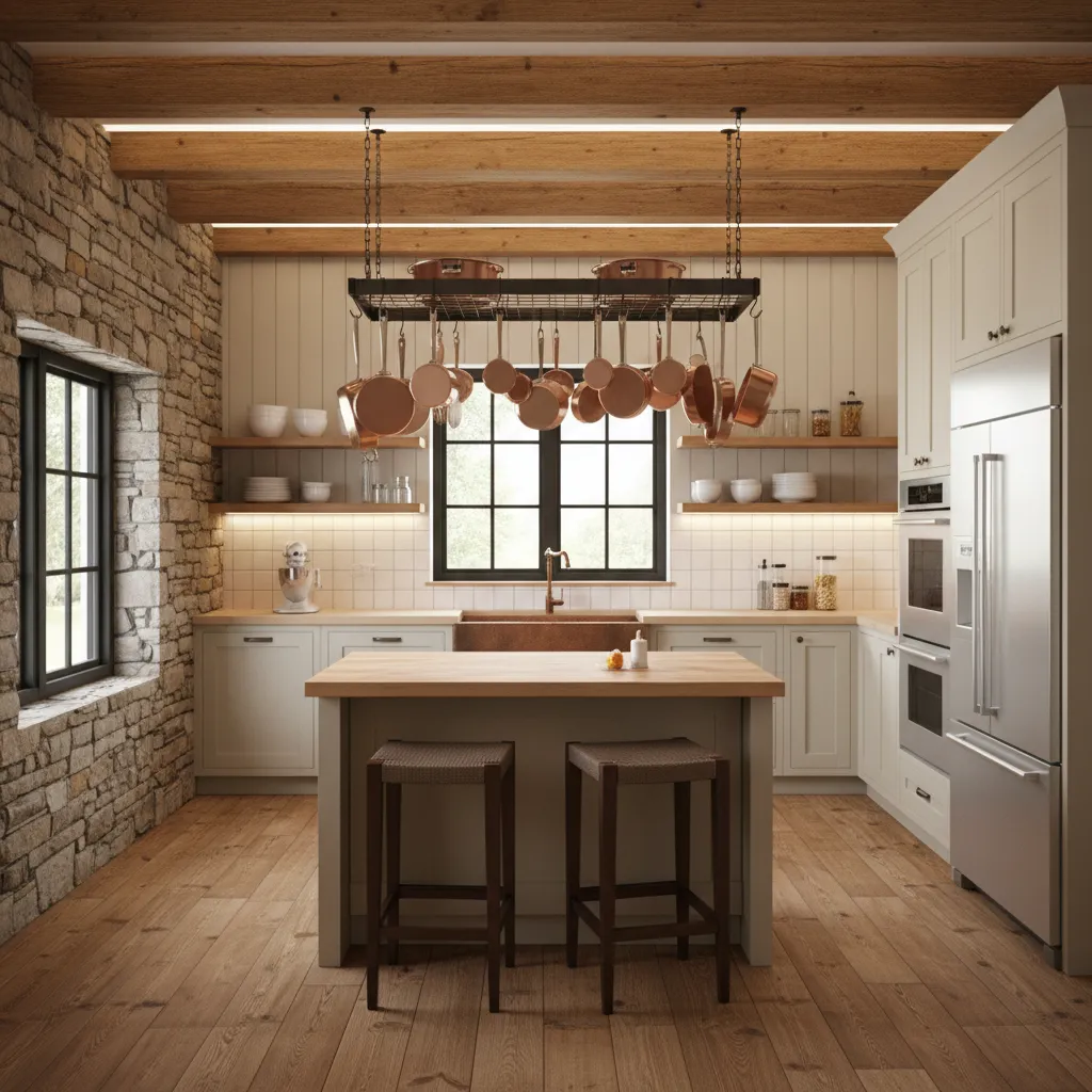Ceiling mounted pot rack above small kitchen island