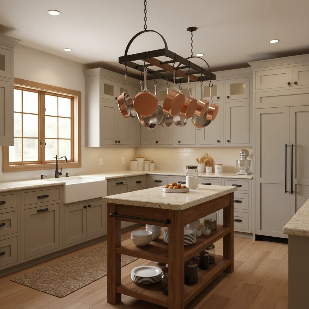 Ceiling pot rack above small kitchen island with hanging cookware