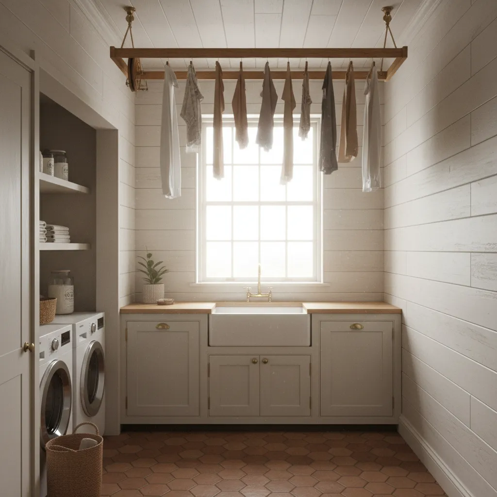 traditional ceiling pulley clothesline system in a narrow laundry room