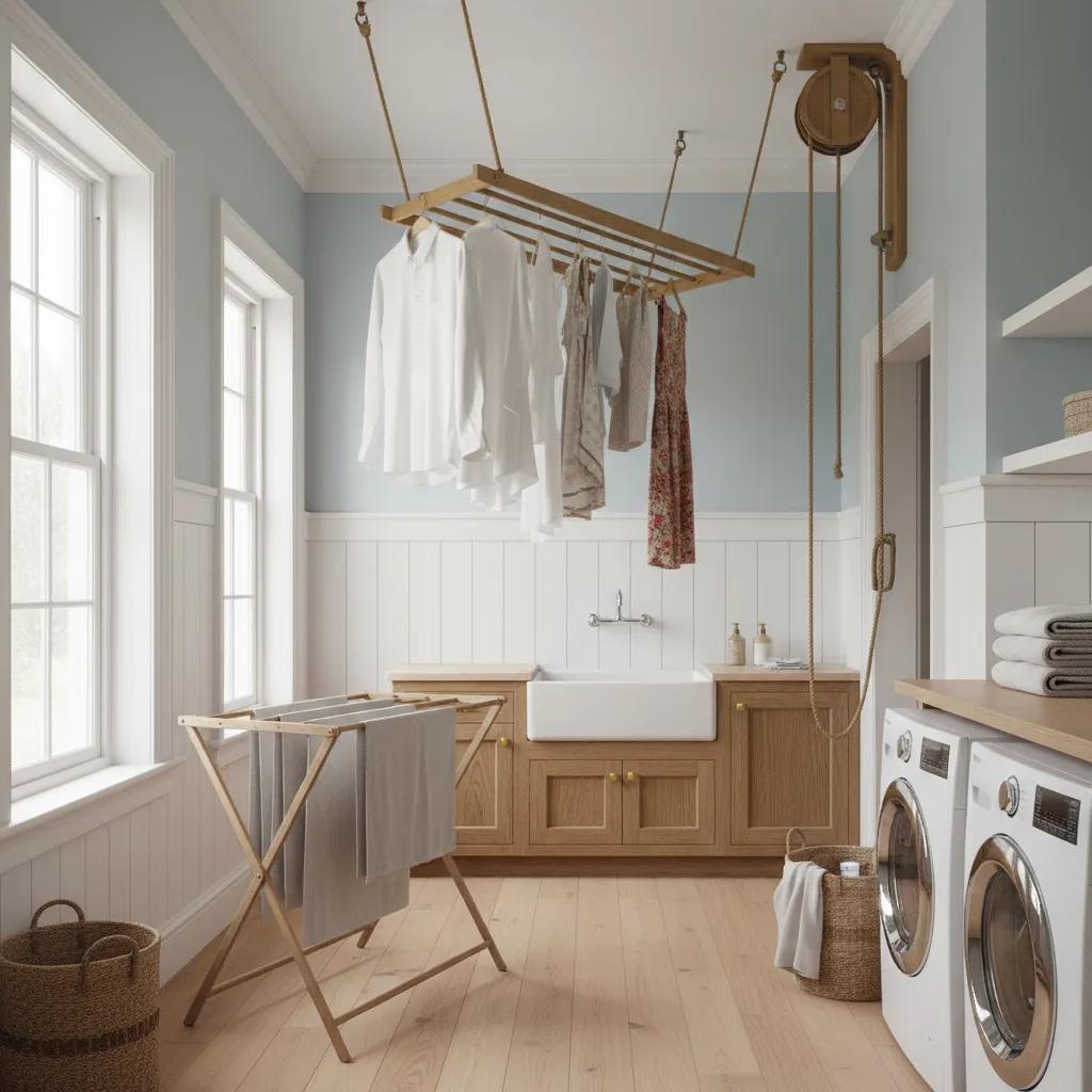 Traditional ceiling mounted pulley clothesline system inside a tall laundry room