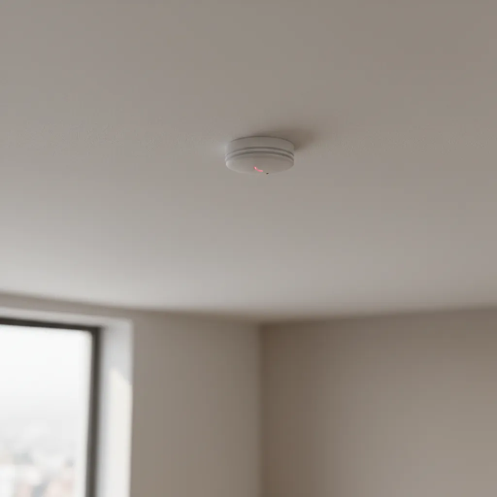 Ceiling mounted smoke detector showing LED indicator area in modern home