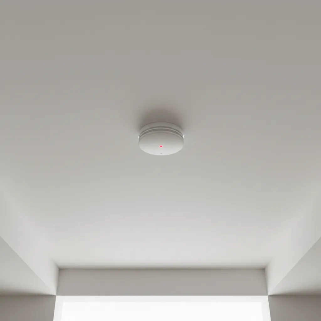 Modern smoke detector with LED indicator mounted on white ceiling