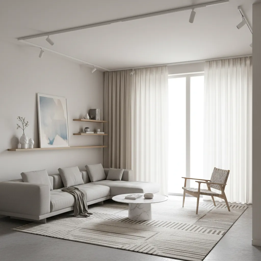 ceiling mounted curtain track with full wall curtains in small living room