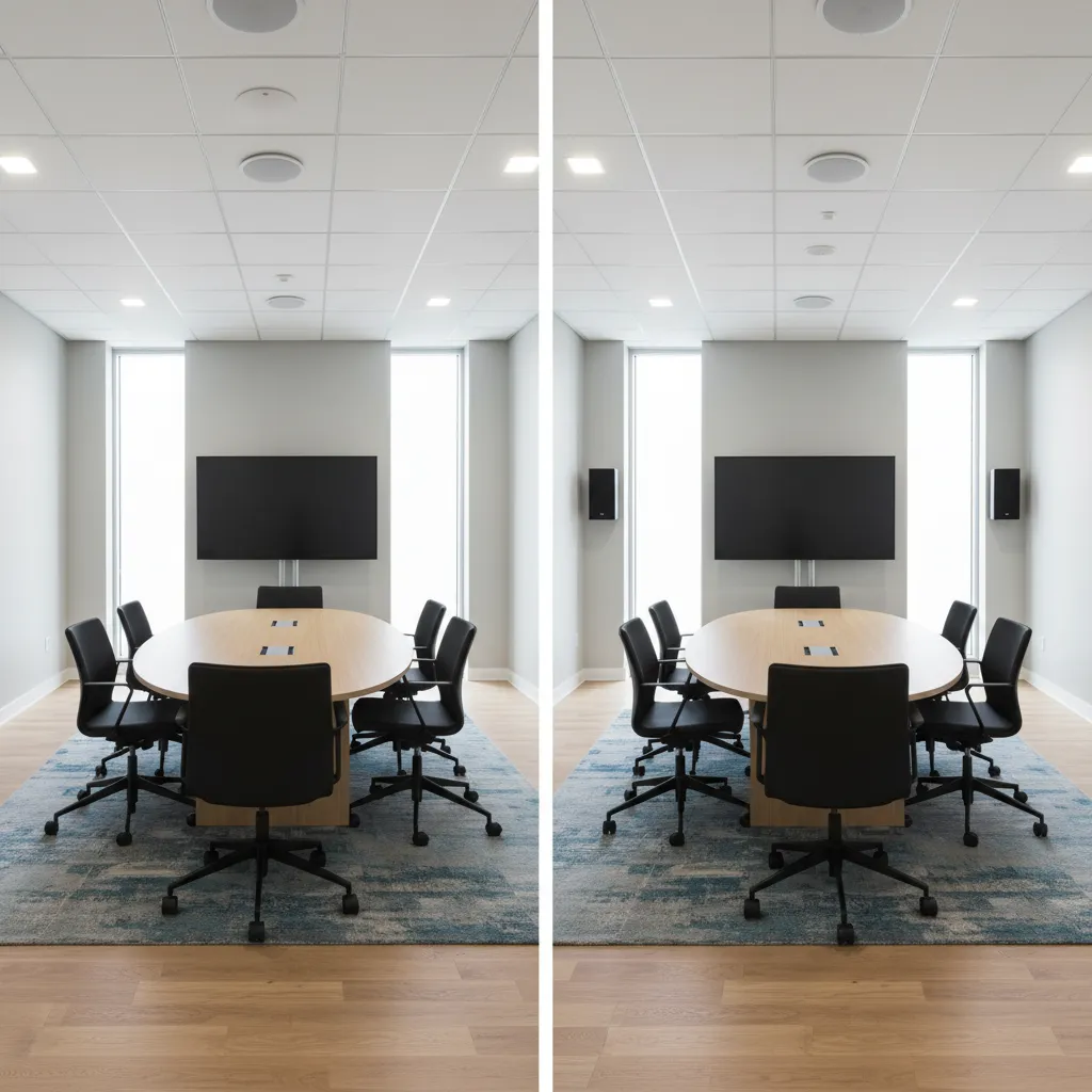 Comparison of ceiling speakers and wall speakers in a small conference room