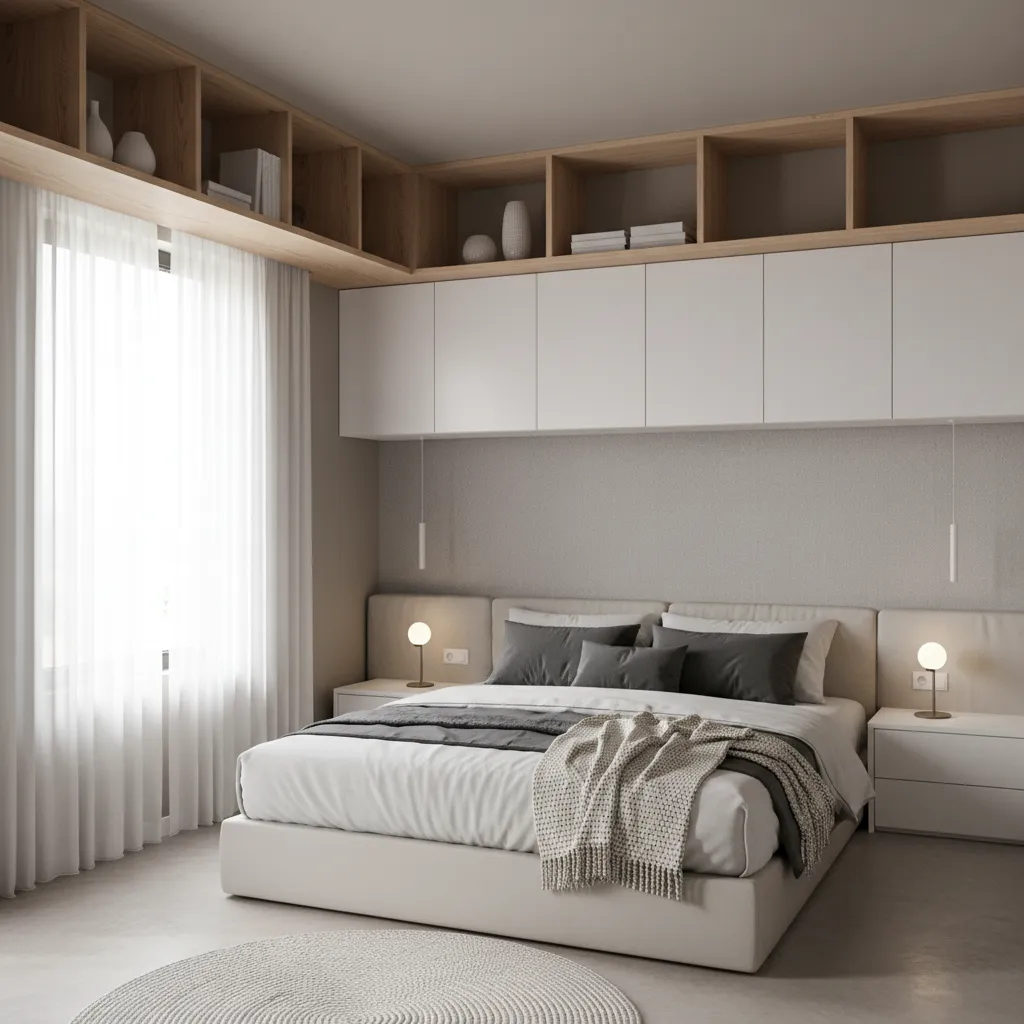 ceiling height shelves and wall storage in compact bedroom
