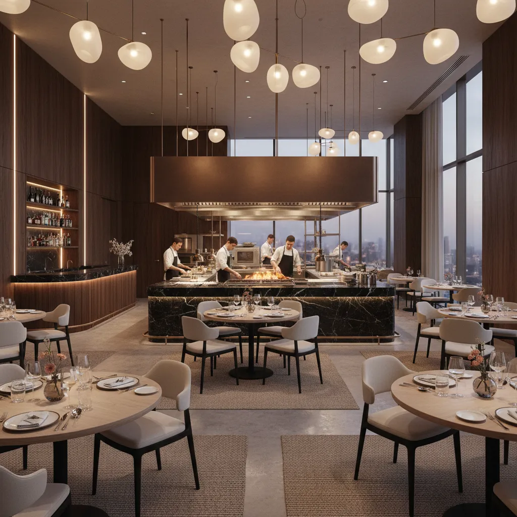 Modern celebrity chef restaurant interior with open kitchen and elegant seating