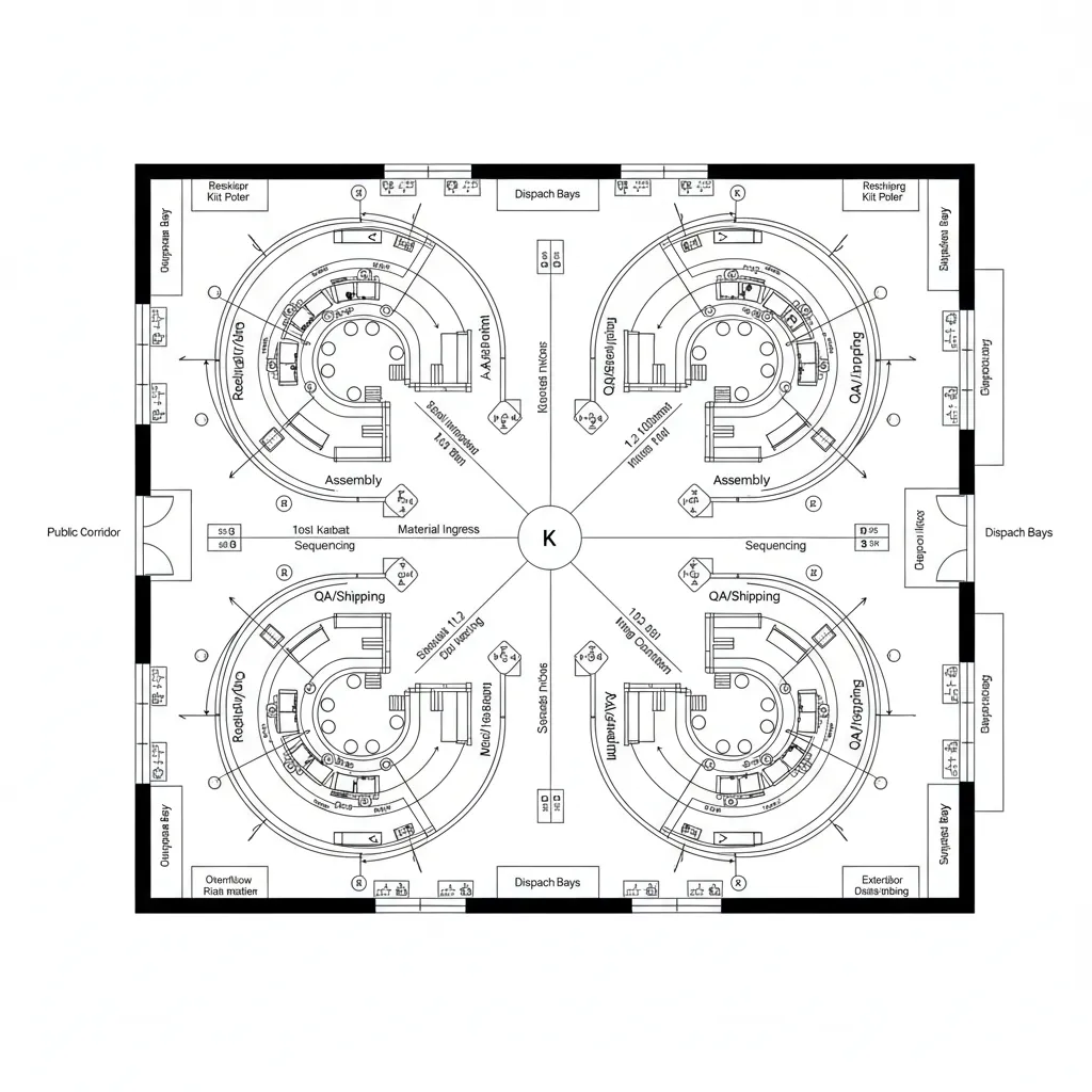 Floor plan drawing showing four circular room layout sections with desks and assembly stations design