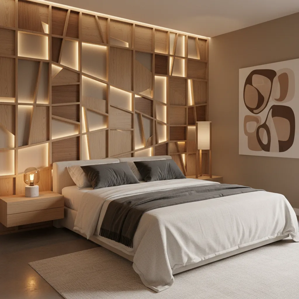 Panel de celosía abstracta usado como cabecero de cama